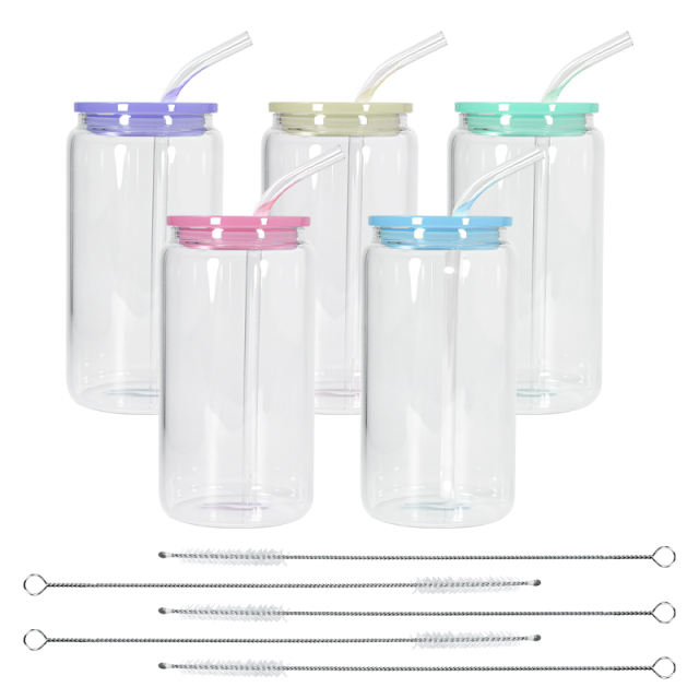 USA Warehhouse 5pcs 16oz sublimation clear glass can with Lids, Straws And Straw Brushes, Mixed Color Lids