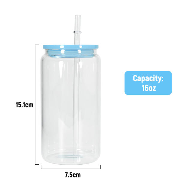 USA Warehhouse 5pcs 16oz sublimation clear glass can with Lids, Straws And Straw Brushes, Mixed Color Lids