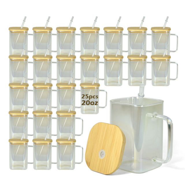 US warehouse 8pcs/25pcs 20oz square glass iridescent sublimation tumbler with bamboo lids
