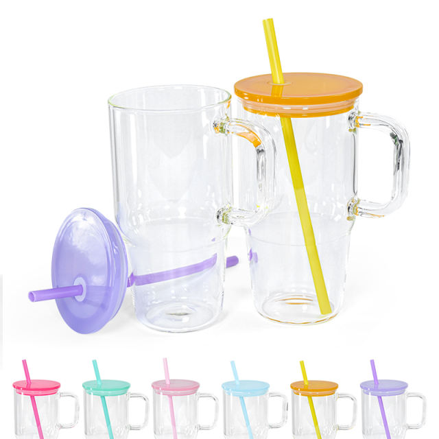 US warehouse 20oz sublimation blank clear glass mugs with handle and jelly color lids