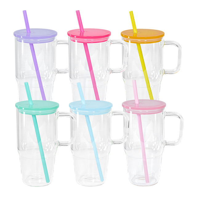 US warehouse 20oz sublimation blank clear glass mugs with handle and jelly color lids
