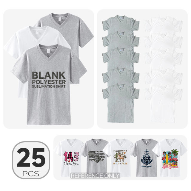 US warehouse V-neck blank shirt, cotton feel sublimation white T-Shirt,white & grey