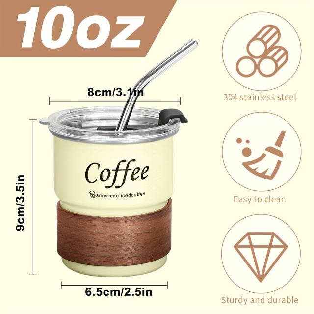 US warehouse 48pcs Stepped stainless steel coffee cup, 10oz coffee cup with wooden cover and stainless steel straw，coffee cup suitable for outdoor camping