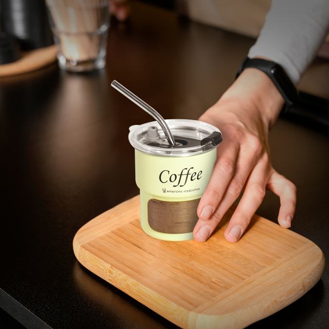 US warehouse 48pcs Stepped stainless steel coffee cup, 10oz coffee cup with wooden cover and stainless steel straw，coffee cup suitable for outdoor camping