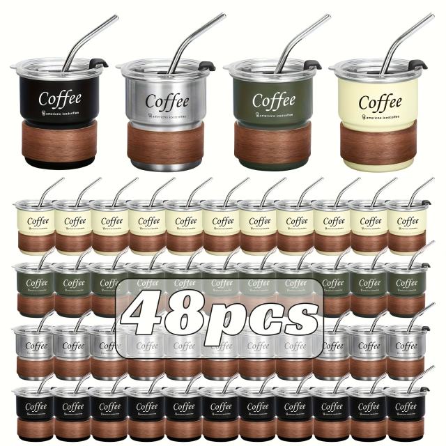 US warehouse 48pcs Stepped stainless steel coffee cup, 10oz coffee cup with wooden cover and stainless steel straw，coffee cup suitable for outdoor camping
