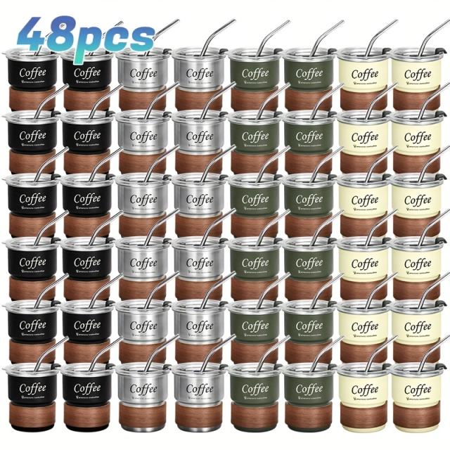 US warehouse 48pcs Stepped stainless steel coffee cup, 10oz coffee cup with wooden cover and stainless steel straw，coffee cup suitable for outdoor camping