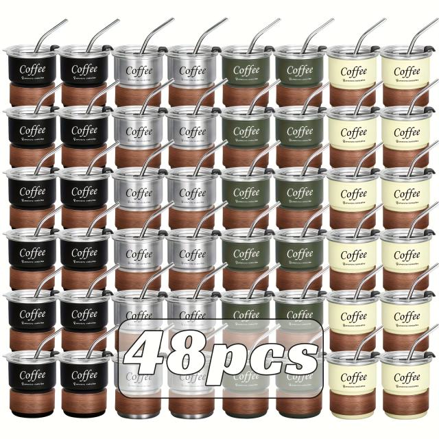 US warehouse 48pcs Stepped stainless steel coffee cup, 10oz coffee cup with wooden cover and stainless steel straw，coffee cup suitable for outdoor camping