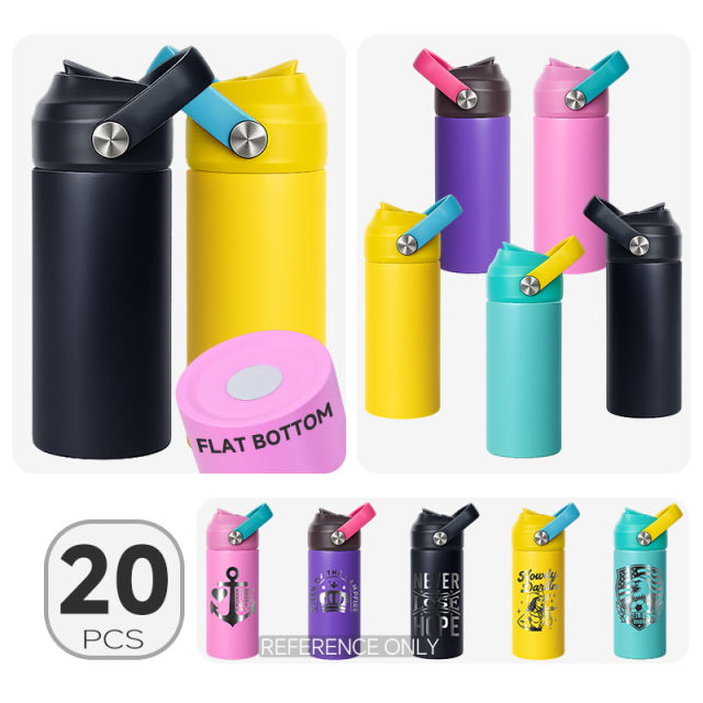20pcs，12oz flat edge bottom kids Sports Water Bottle Stainless Steel Double Wall Vaccum Insulated water tumbler，mix color Powder Coating Surface With Carrying Handle Lids，back to school water bottle