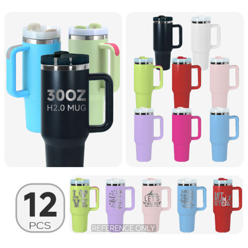 12pcs pack, 30oz H2.0 version mug tumbler, stainless steel double wall vacuum insulated travel mug with straw, keep cold & hot regular mug, bet for office, camping in&out door drinking, suit for laser engraving Best Gift For Birthday