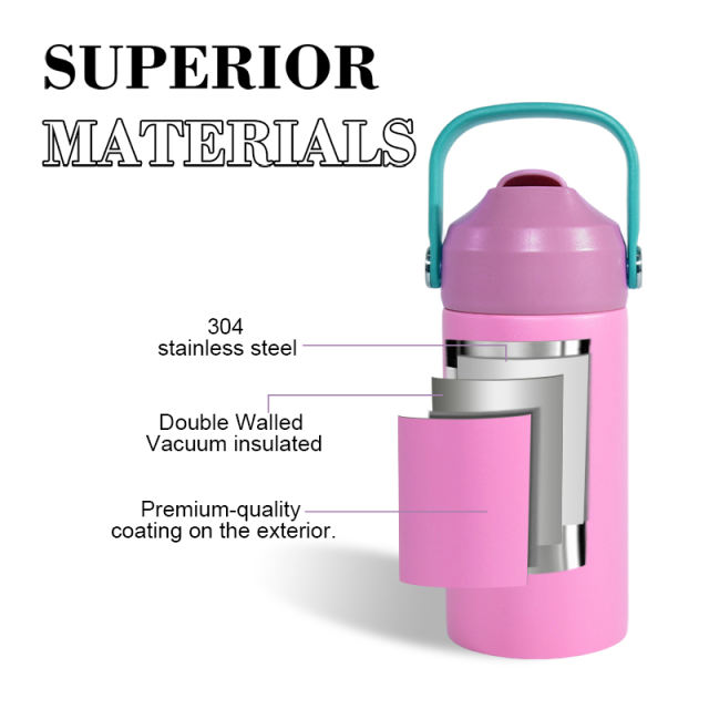 20pcs，12oz flat edge bottom kids Sports Water Bottle Stainless Steel Double Wall Vaccum Insulated water tumbler，mix color Powder Coating Surface With Carrying Handle Lids，back to school water bottle