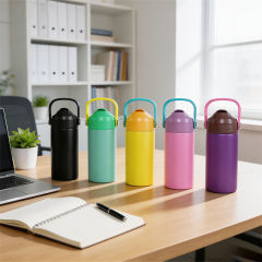 20pcs，12oz flat edge bottom kids Sports Water Bottle Stainless Steel Double Wall Vaccum Insulated water tumbler，mix color Powder Coating Surface With Carrying Handle Lids，back to school water bottle