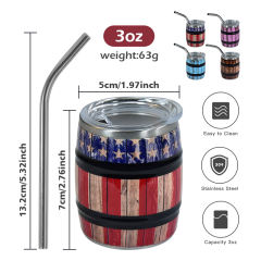 US warehouse 12Pack 3oz mini wine barrel print shot stainless steel shot cups with metal straws