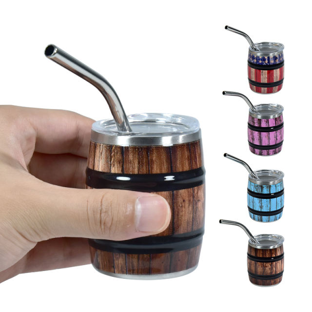 US warehouse 12Pack 3oz mini wine barrel print shot stainless steel shot cups with metal straws