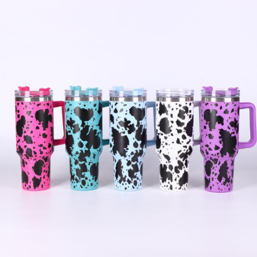 US warehouse 5PCS 40oz Large Capacity Tumbler with  lid & straw,3D Cow Printed Design,5 Colors Mixed,Version 1