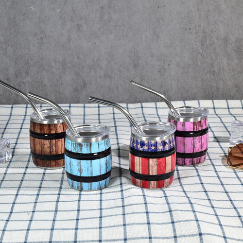 US warehouse 12Pack 3oz mini wine barrel print shot stainless steel shot cups with metal straws