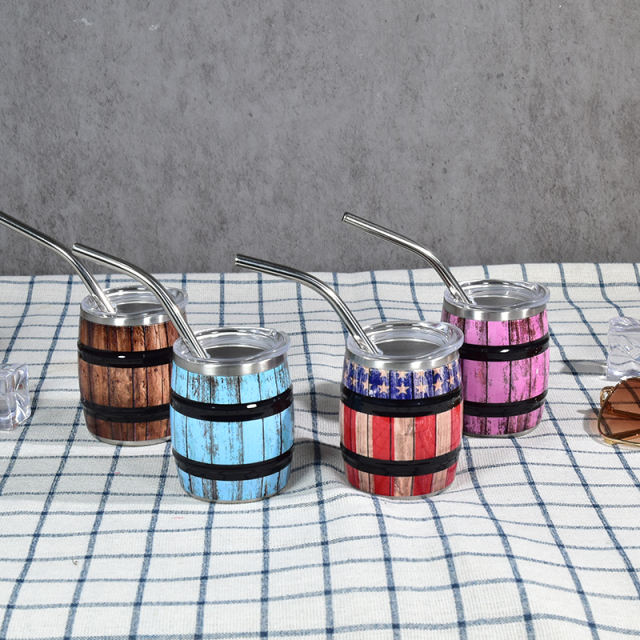 US warehouse 12Pack 3oz mini wine barrel print shot stainless steel shot cups with metal straws