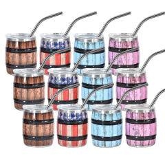 US warehouse 12Pack 3oz mini wine barrel print shot stainless steel shot cups with metal straws