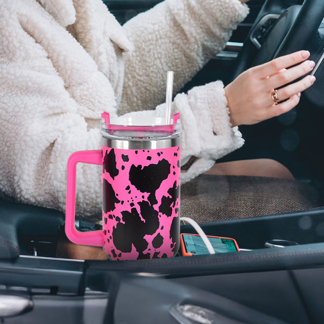 US warehouse 5PCS 40oz Large Capacity Tumbler with  lid & straw,3D Cow Printed Design,5 Colors Mixed,Version 1