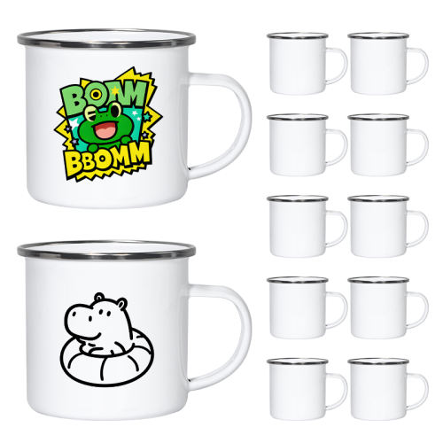 US warehouse 12pcs,12oz Sublimation Blanks Enamel Mug Set,Camping Outdoor Coffee Travel Metal Mug with Silver/Black Rim
