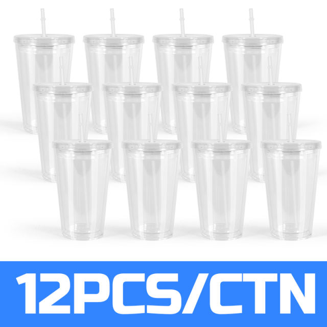 US warehouse 12pcs 16oz/24oz double wall acrylic plastic tumbler with straw