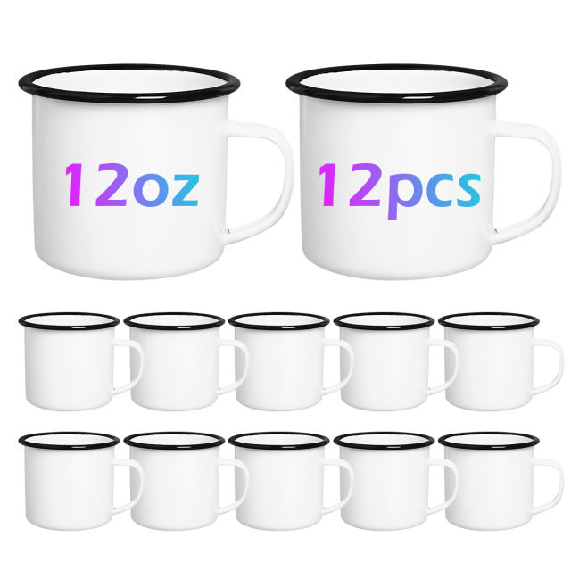 US warehouse 12pcs,12oz Sublimation Blanks Enamel Mug Set,Camping Outdoor Coffee Travel Metal Mug with Silver/Black Rim