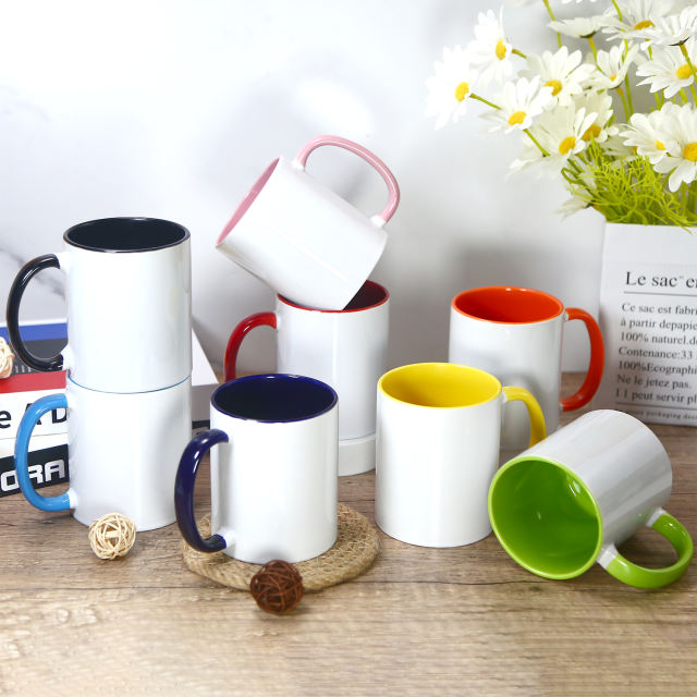 US warehouse 11oz sublimation blank ceremic coffee mugs with colored inside and handle
