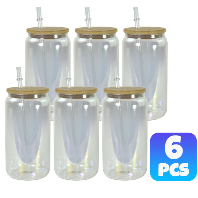 US warehouse 16oz sublimation blank clear iridescent glass can with lids and straw