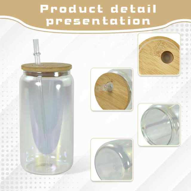 US warehouse 16oz sublimation blank clear iridescent glass can with lids and straw