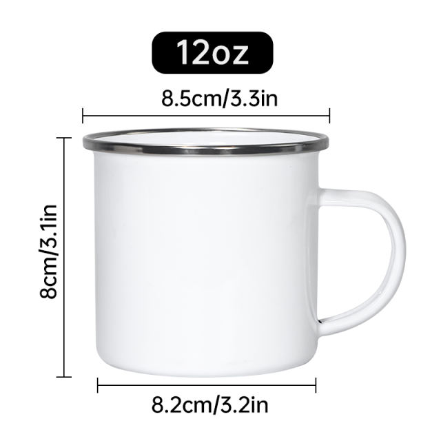 US warehouse 12pcs,12oz Sublimation Blanks Enamel Mug Set,Camping Outdoor Coffee Travel Metal Mug with Silver/Black Rim