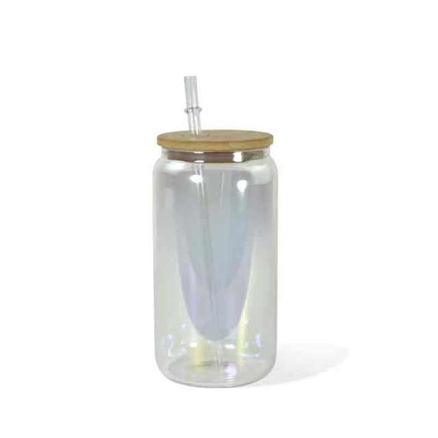 US warehouse 16oz sublimation blank clear iridescent glass can with lids and straw