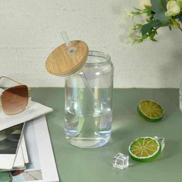 US warehouse 16oz sublimation blank clear iridescent glass can with lids and straw
