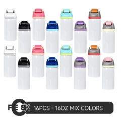 16pcs Pack,  16oz & 24oz straight sublimation water bottle FreeSip Insulated Stainless Steel Water Bottle with Straw