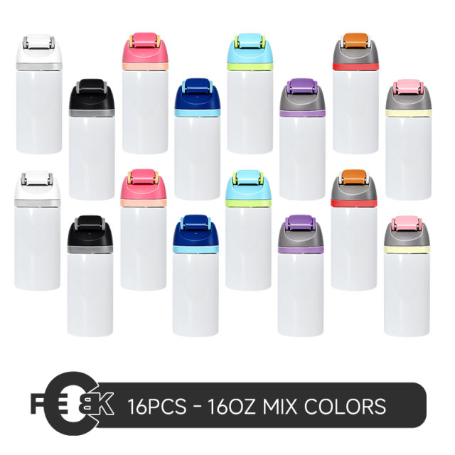 16pcs Pack,  16oz & 24oz straight sublimation water bottle FreeSip Insulated Stainless Steel Water Bottle with Straw