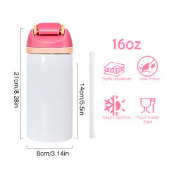 16pcs Pack,  16oz & 24oz straight sublimation water bottle FreeSip Insulated Stainless Steel Water Bottle with Straw