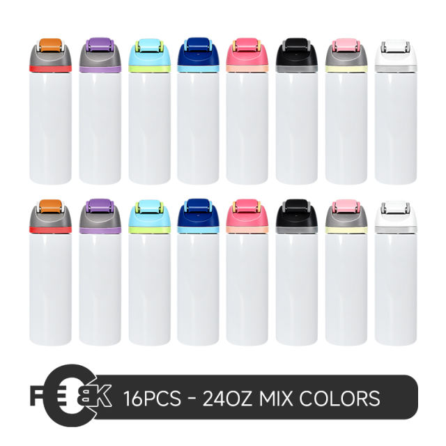 16pcs Pack,  16oz & 24oz straight sublimation water bottle FreeSip Insulated Stainless Steel Water Bottle with Straw