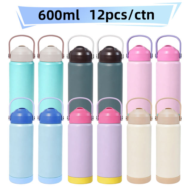12pcs, 20oz/600ml powder coating sports Water Bottle with Sip And Swig 2 in 1 Lids Double Wall Vacuum Insulated Tumbler with Handle Lid, withrubber bottom rim