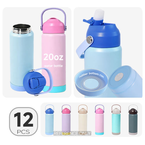 12pcs, 20oz/600ml powder coating sports Water Bottle with Sip And Swig 2 in 1 Lids Double Wall Vacuum Insulated Tumbler with Handle Lid, withrubber bottom rim