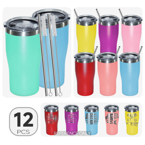 12pcs， 20oz/30oz mix color Curved tumbler Powder Coating Travel Cup - Silver Color Plated, With Lid And Straw, Double Wall Vacuum Insulated Coffee Cups For Cold & Hot Drinks, Insulation Travel Tumblers, For Laser Engraving Tumbler