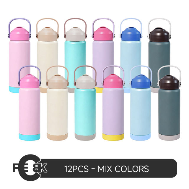 12pcs, 20oz/600ml powder coating sports Water Bottle with Sip And Swig 2 in 1 Lids Double Wall Vacuum Insulated Tumbler with Handle Lid, withrubber bottom rim