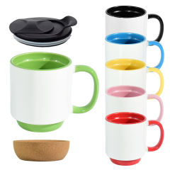 US warehouse 15oz part - colored glossy ceramic sublimation mug with bottom and black plastic lids