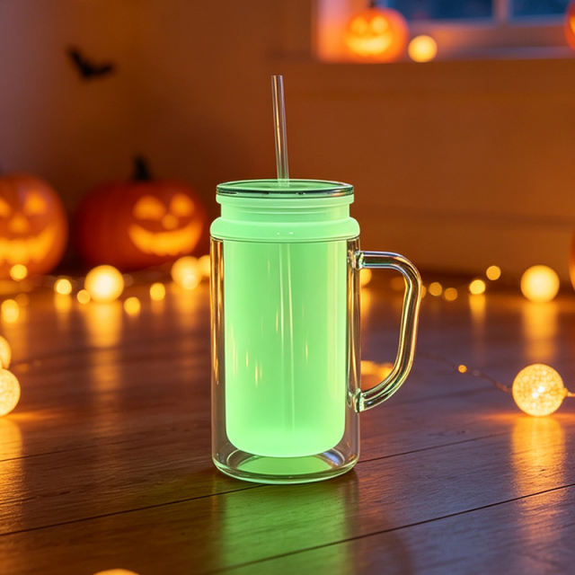 US warehouse 24pcs glow in the dark 16oz double wall  snowglobe can with with predrilled and plug,16oz double wall cups with handle