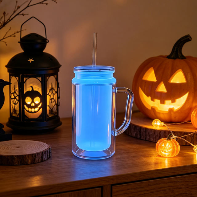 US warehouse 24pcs glow in the dark 16oz double wall  snowglobe can with with predrilled and plug,16oz double wall cups with handle