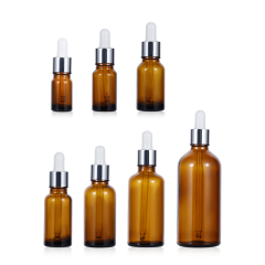 Multiple sizes amber glass serum dropper bottle silver collar wholesale packaging