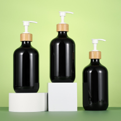 In stock black glossy 500ml plastic bottle bamboo with dispenser lotion pump empty container