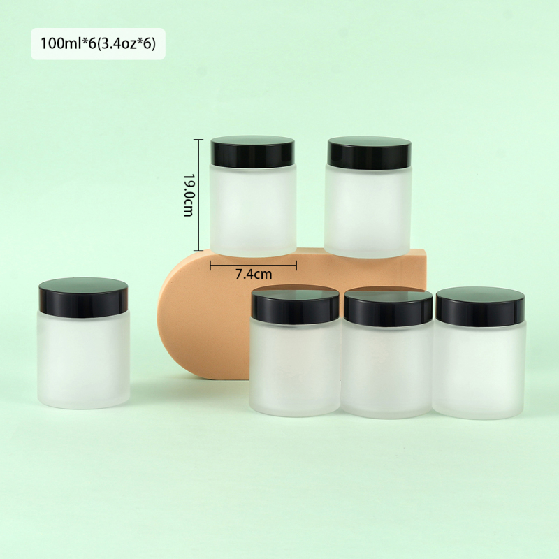 Cream Packaging 100g Frosted Clear Glass Jar With Black Lid 6 pcs Storage Tub