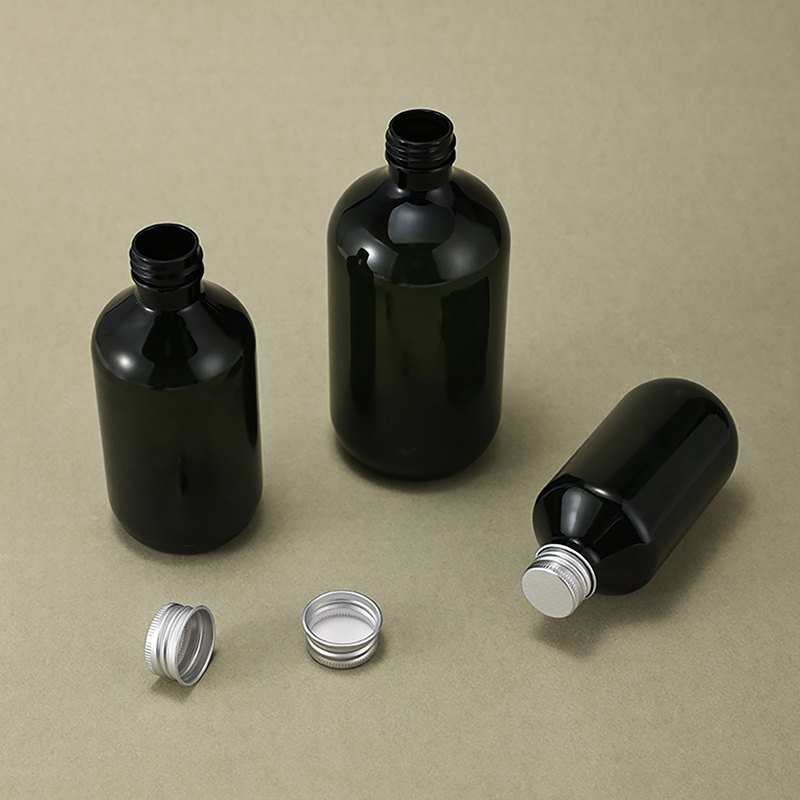 Skincare retail dispenser silver aluminum lid empty green plastic bottles 200 ml 300 ml 500 ml