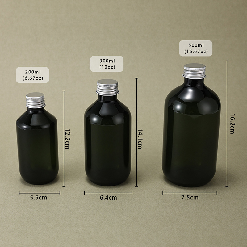 Skincare retail dispenser silver aluminum lid empty green plastic bottles 200 ml 300 ml 500 ml