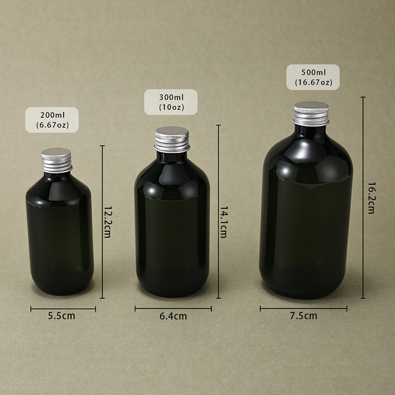 Skincare retail dispenser silver aluminum lid empty green plastic bottles 200 ml 300 ml 500 ml