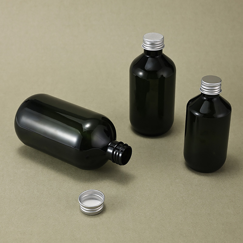 Skincare retail dispenser silver aluminum lid empty green plastic bottles 200 ml 300 ml 500 ml