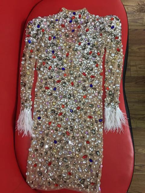 Colorful Crystals Pearls Sexy Mesh Dress Prom Evening Sexy Transparent Multicolor Rhinestones Costume Birthday Feather Sleeves